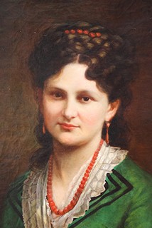 European School, 19th Century -
Portrait of a Lady in a Green Gown with Coral Jewelry