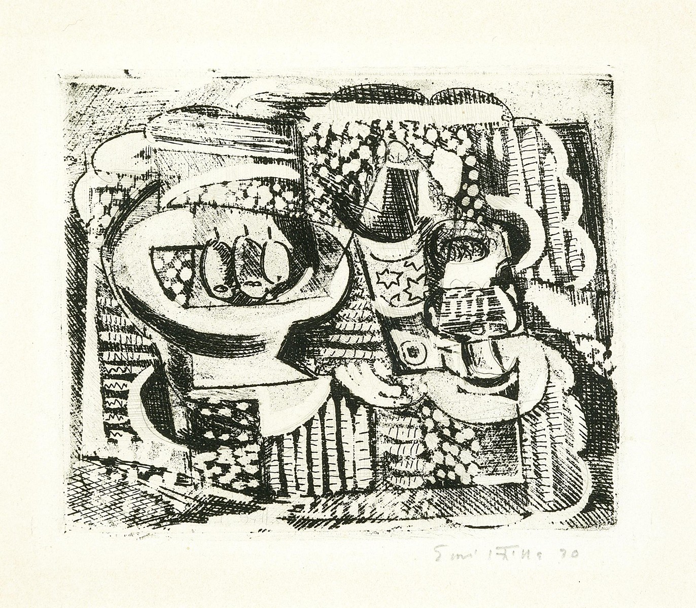 Still life with a bottle of cognac, a glass and a tray with pears