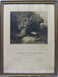 Jakub Obrovský (1882 - 1949) - Diplom díků a uznání podpůrného spolku při Akademii výtvarných umění v Praze, 1924
