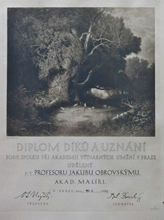 Jakub Obrovský (1882 - 1949) - Diplom díků a uznání podpůrného spolku při Akademii výtvarných umění v Praze, 1924