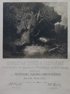 Jakub Obrovský (1882 - 1949) - Diplom díků a uznání podpůrného spolku při Akademii výtvarných umění v Praze, 1924
