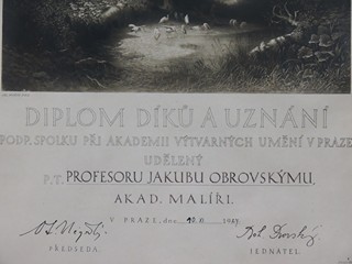 Jakub Obrovský (1882 - 1949) - Diplom díků a uznání podpůrného spolku při Akademii výtvarných umění v Praze, 1924