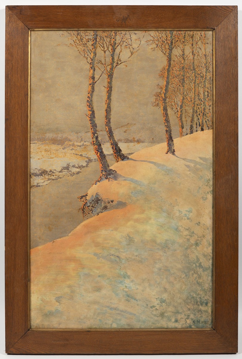 BIRCHES ON A BANK OF FROZEN STREAM