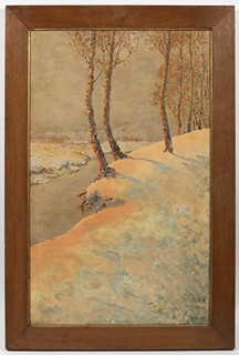 BIRCHES ON A BANK OF FROZEN STREAM