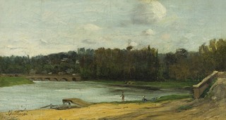 Antonín Chittussi (1847 - 1891) - Řeka s mostem a přístavem (Motiv z Francie)