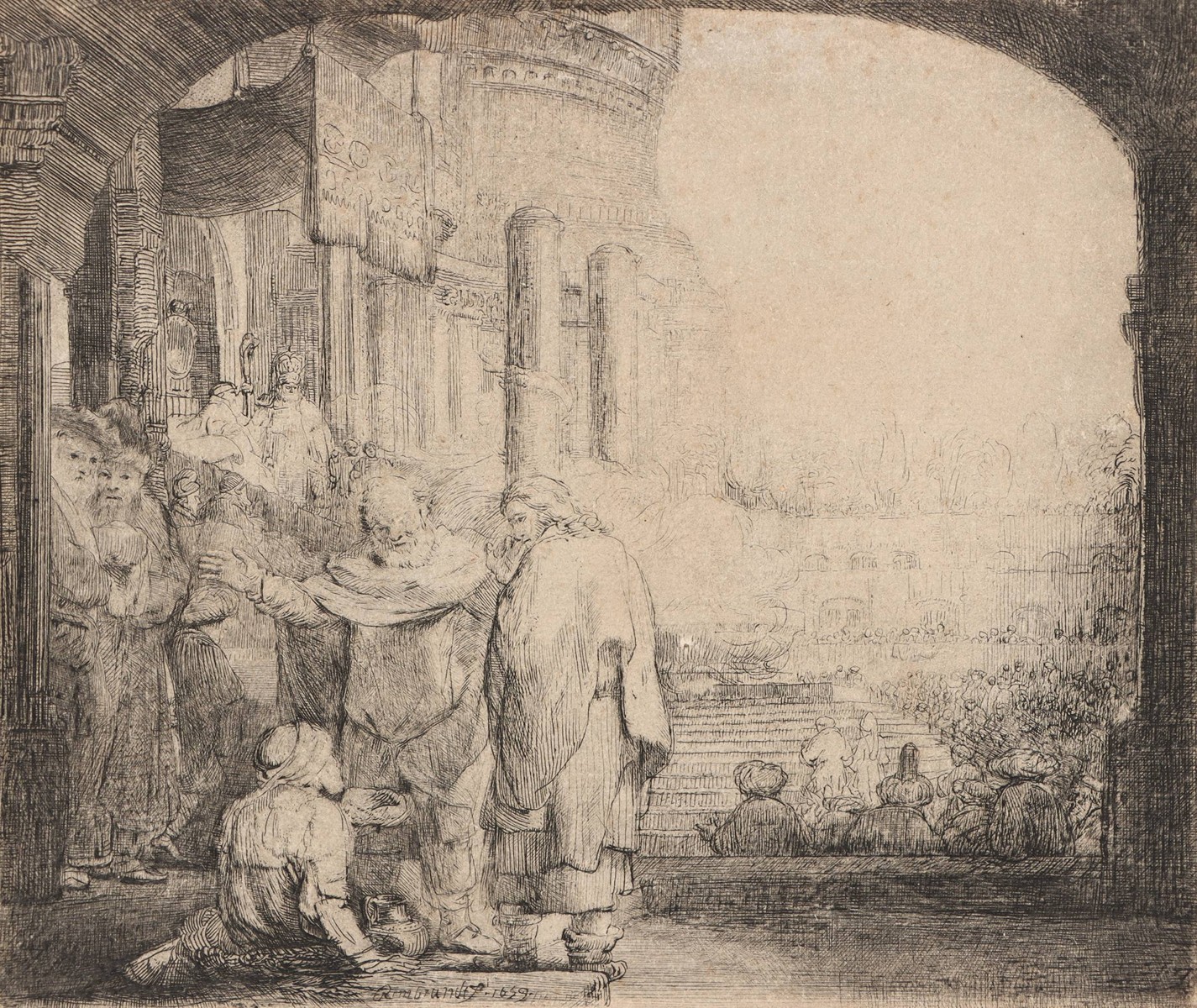 Rembrandt Harmensz van Rijn (1606-1669) - Petr a Jan uzdravují chromého u chrámové brány