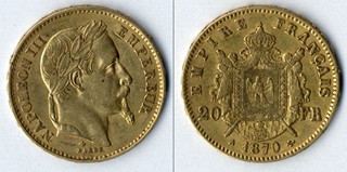 Zlatá mince - 20-ti frank - Francie 1870
