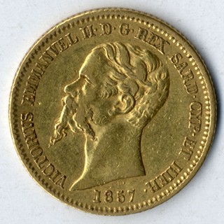 Zlatá mince - 20-ti lira - Itálie 1857, Sardinské království