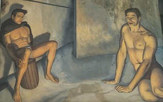 Velmi kvalitní figurální malba mužů, 40.-50. léta 20.st. – subtilní, avšak lehce sugestivní námět