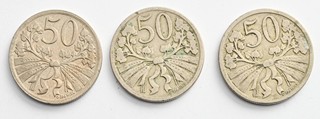 TŘI OBĚŽNÉ MINCE: 50 HALÉŘŮ