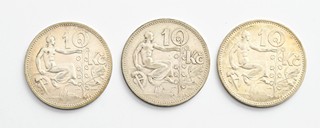 TŘI STŘÍBRNÉ PAMĚTNÍ MINCE 10 KORUN