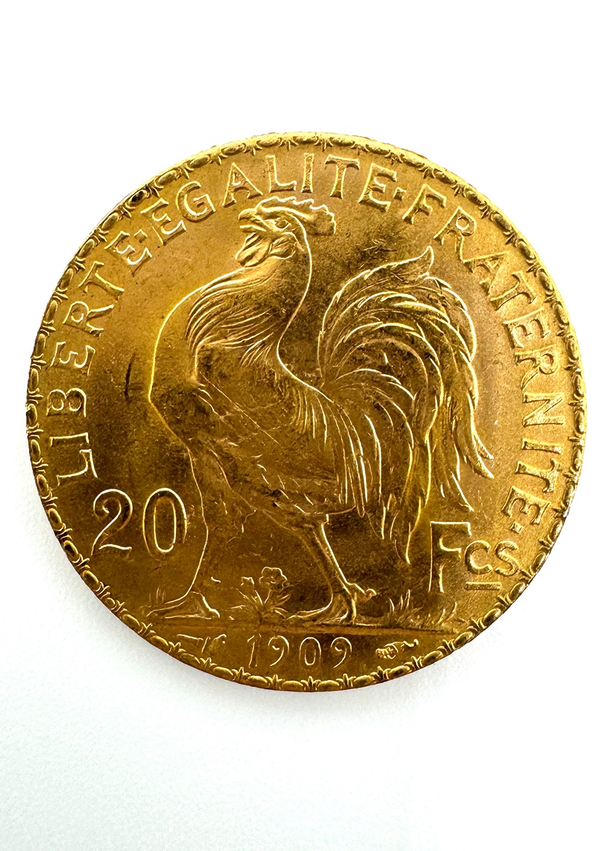 Zlatá mince 20 Frank Marianne Kohout 1909; J.C.Chaplain Nominál: 20 Fcs