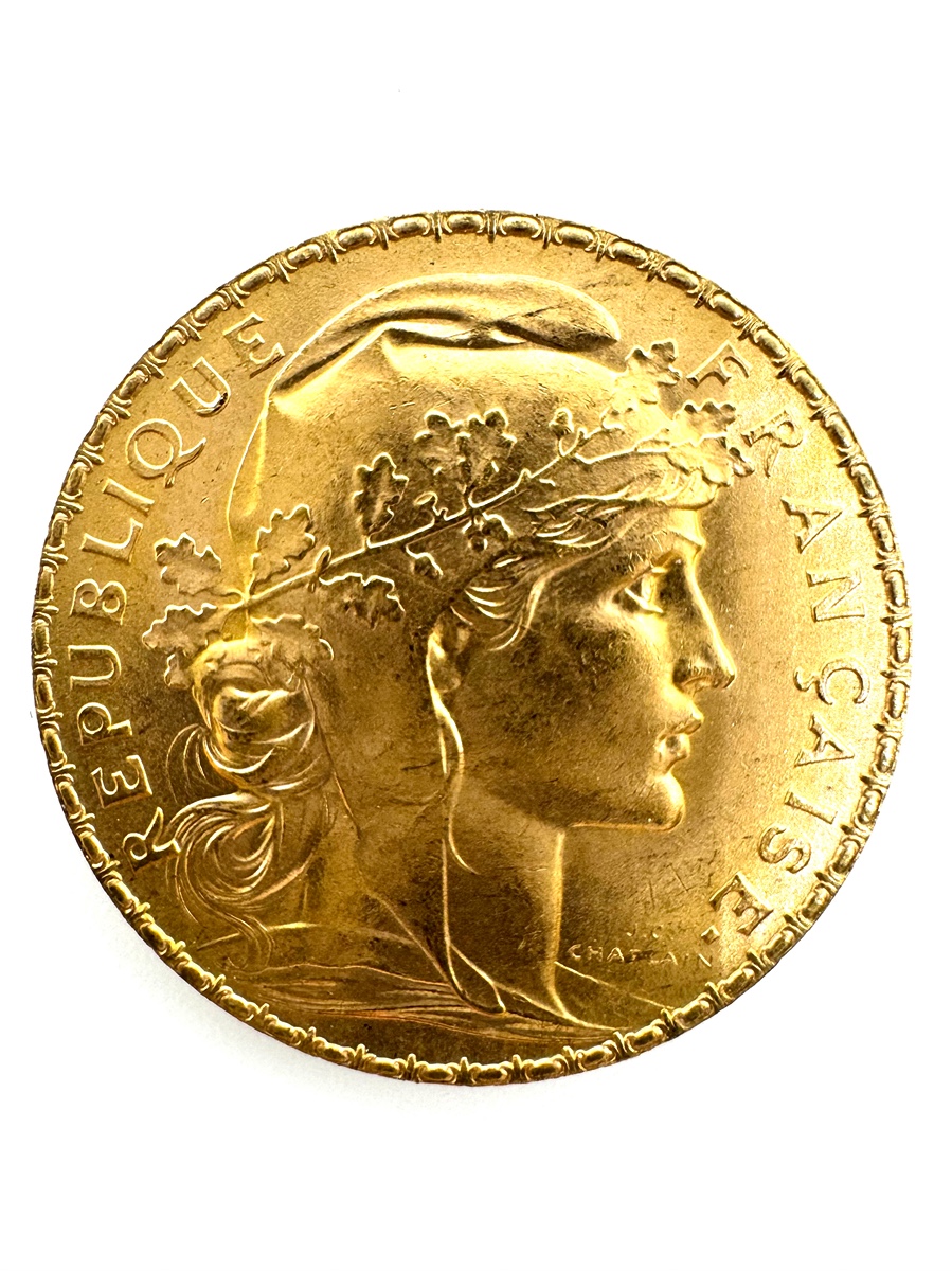 Zlatá mince 20 Frank Marianne Kohout 1908; J.C.Chaplain Nominál: 20 Fcs