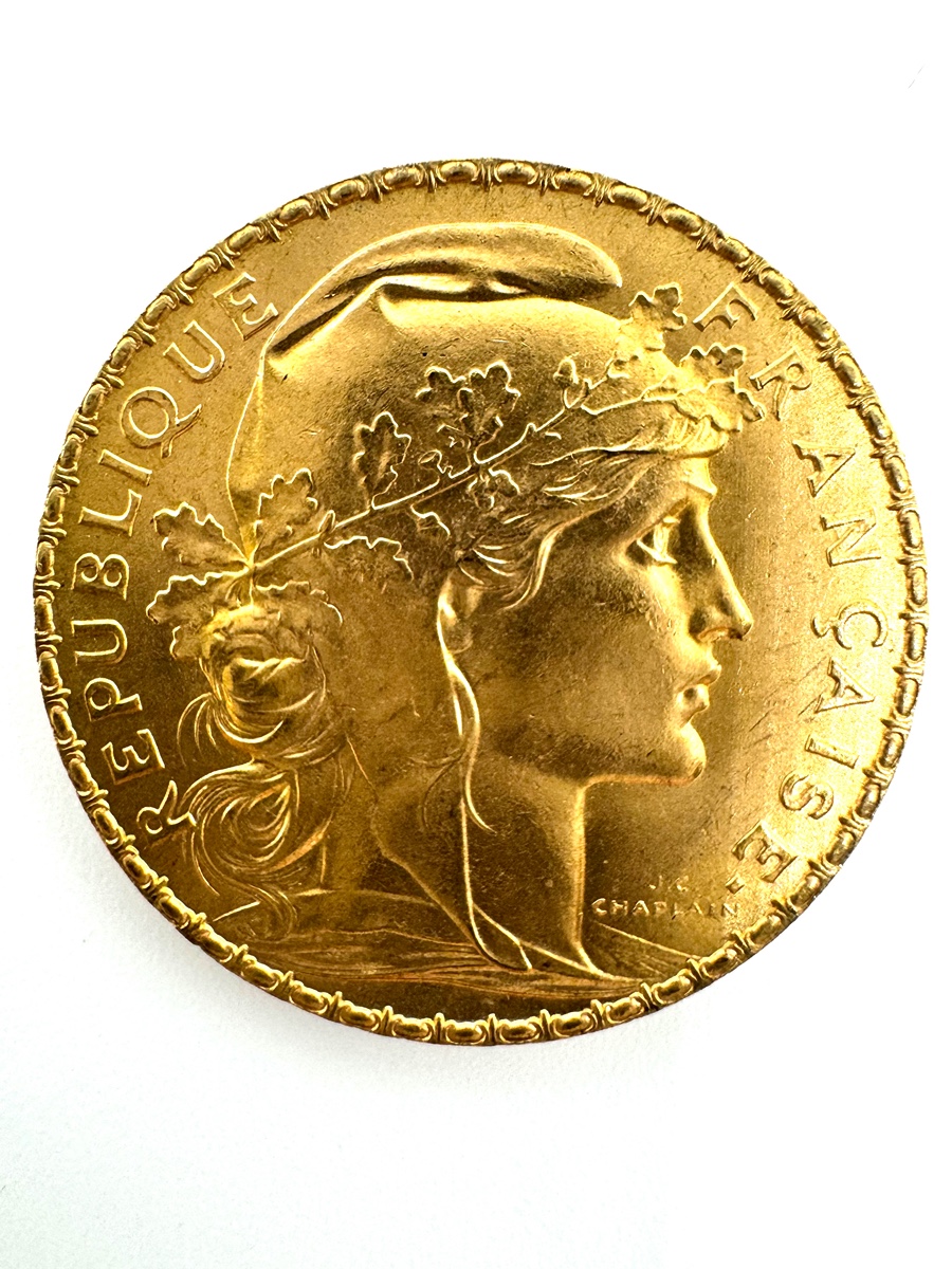 Zlatá mince 20 Frank Marianne Kohout 1911; J.C.Chaplain Nominál: 20 Fcs