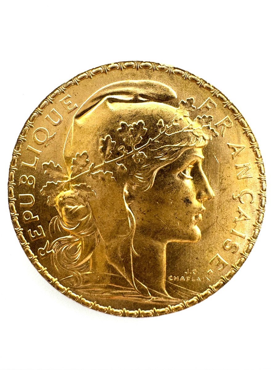 Zlatá mince 20 Frank Marianne Kohout 1913; J.C.Chaplain Nominál: 20 Fcs