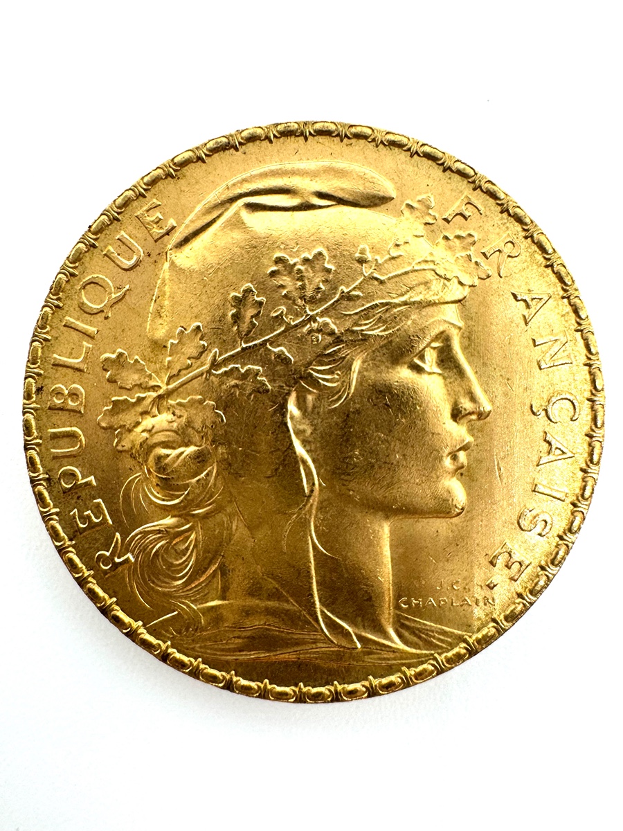 Zlatá mince 20 Frank Marianne Kohout 1910; J.C.Chaplain Nominál: 20 Fcs