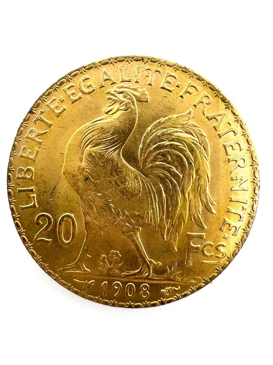 Zlatá mince 20 Frank Marianne Kohout 1908; J.C.Chaplain Nominál: 20 Fcs