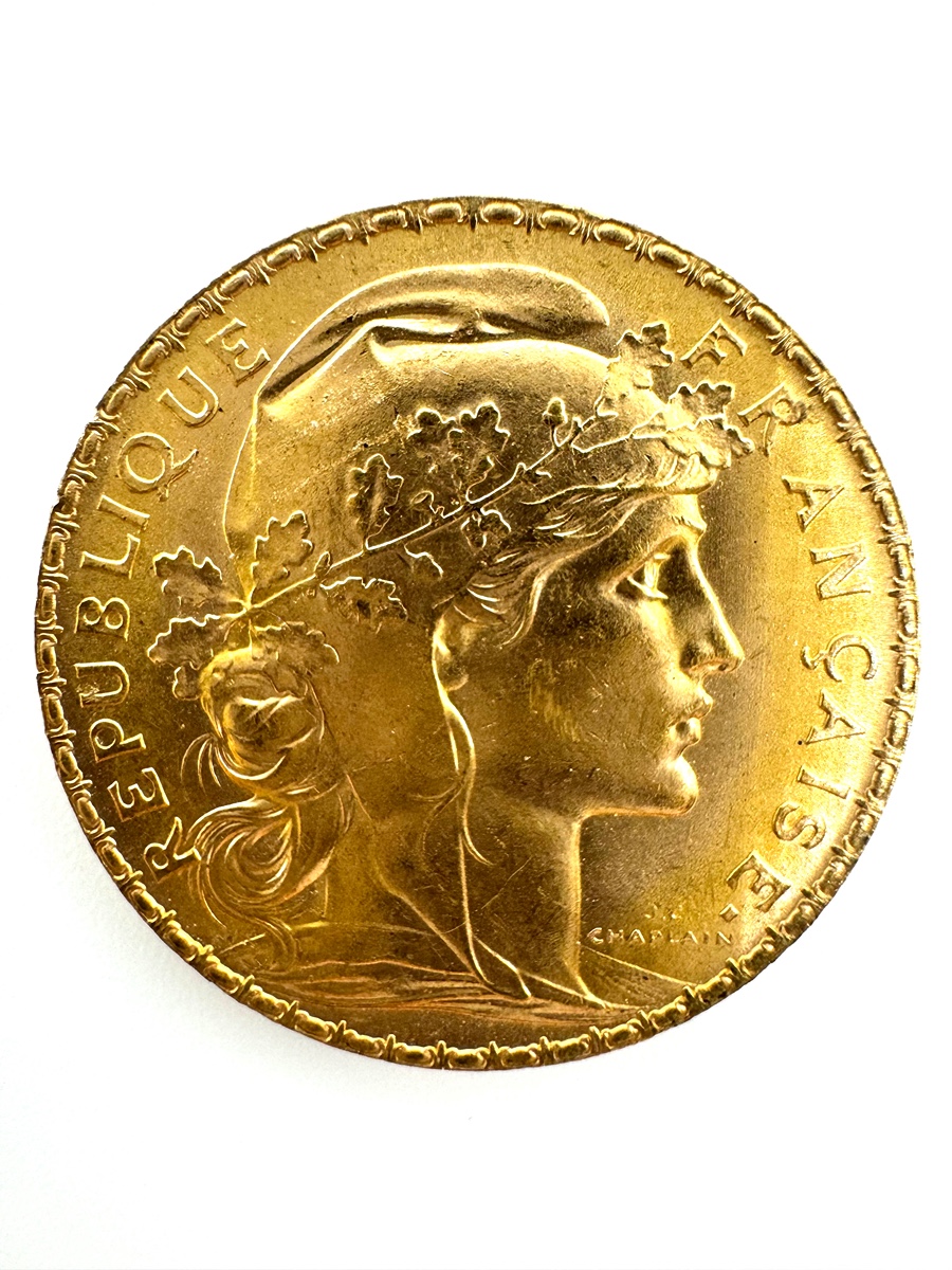 Zlatá mince 20 Frank Marianne Kohout 1908; J.C.Chaplain Nominál: 20 Fcs