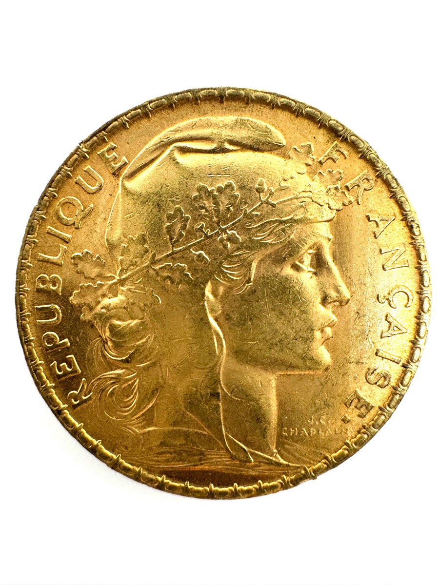 Zlatá mince 20 Frank Marianne Kohout 1905; J.C.Chaplain Nominál: 20 Fcs