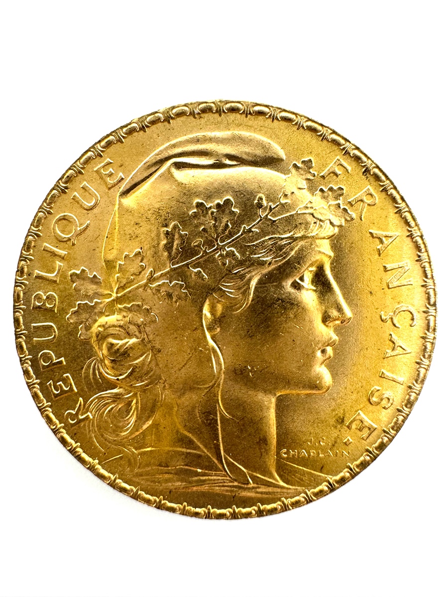 Zlatá mince 20 Frank Marianne Kohout 1908; J.C.Chaplain Nominál: 20 Fcs