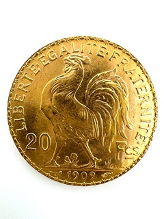 Zlatá mince 20 Frank Marianne Kohout 1909; J.C.Chaplain Nominál: 20 Fcs