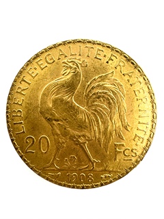 Zlatá mince 20 Frank Marianne Kohout 1908; J.C.Chaplain Nominál: 20 Fcs