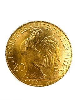 Zlatá mince 20 Frank Marianne Kohout 1911; J.C.Chaplain Nominál: 20 Fcs