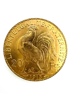 Zlatá mince 20 Frank Marianne Kohout 1913; J.C.Chaplain Nominál: 20 Fcs