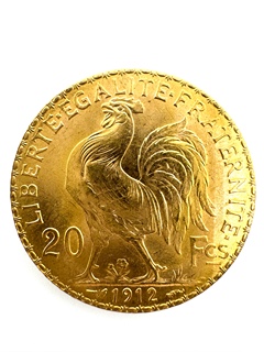 Zlatá mince 20 Frank Marianne Kohout 1912; J.C.Chaplain Nominál: 20 Fcs