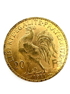 Zlatá mince 20 Frank Marianne Kohout 1911; J.C.Chaplain Nominál: 20 Fcs