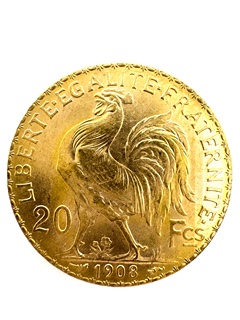 Zlatá mince 20 Frank Marianne Kohout 1908; J.C.Chaplain Nominál: 20 Fcs
