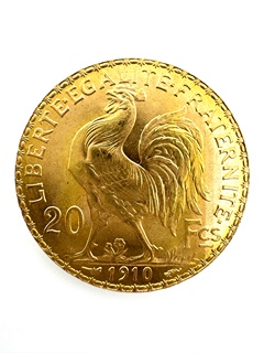 Zlatá mince 20 Frank Marianne Kohout 1910; J.C.Chaplain Nominál: 20 Fcs