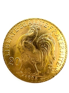 Zlatá mince 20 Frank Marianne Kohout 1908; J.C.Chaplain Nominál: 20 Fcs