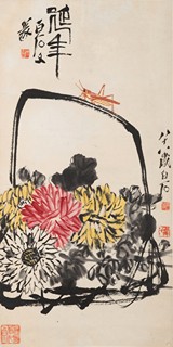 Basket of Chrysanthemums with a Grasshopper 