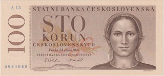 UNC | 100 Koruna 1951, series A 15, CNB certificate 000454, BKK N10, Václ N7, Hej N7