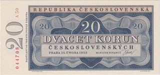 UNC | 20 Koruna 1953, series A 50, CNB certificate 000354, BKK N14, Václ N8, Hej N8