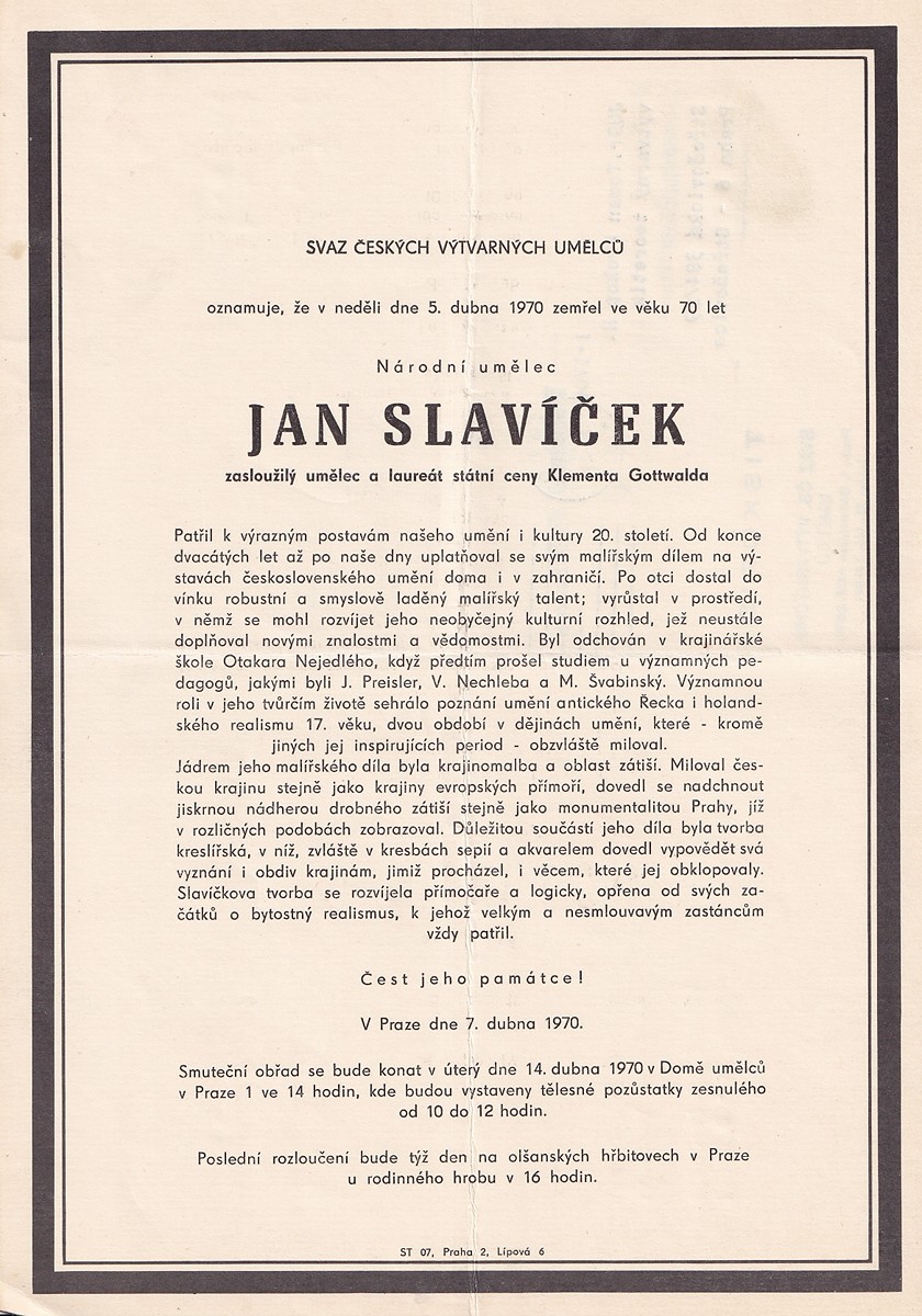 Jan Slavíček 1900 - 1970 - Parte