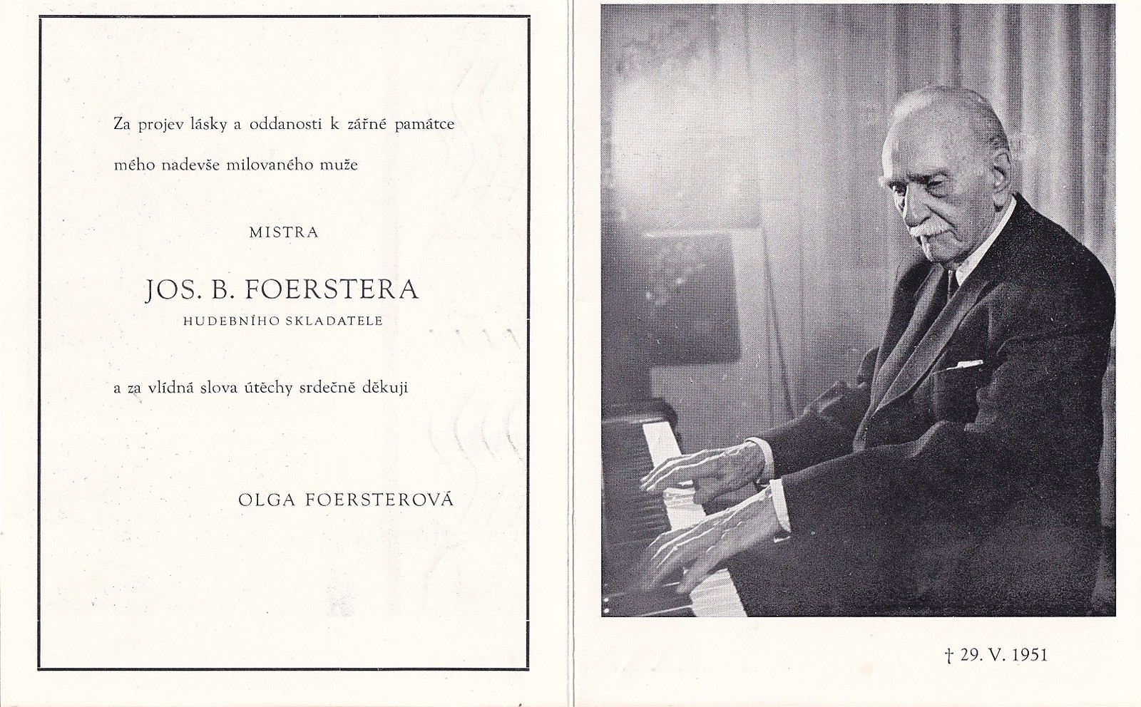 Josef Bohuslav Foerster 1859 - 1951 - Poděkování za kondolenci