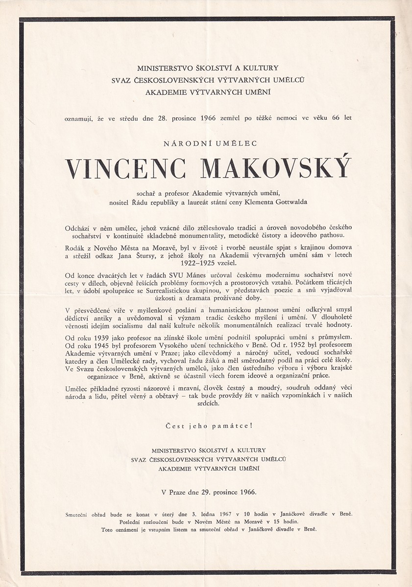 Vincenc Makovský 1900 - 1966 - Smuteční oznámení