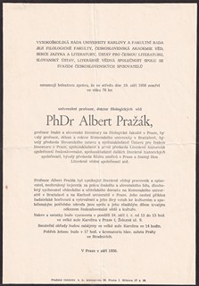 Albert Pražák 1880 - 1956 - Parte