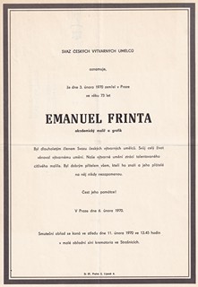 Emanuel Frinta 1896 - 1970 - Smuteční oznámení