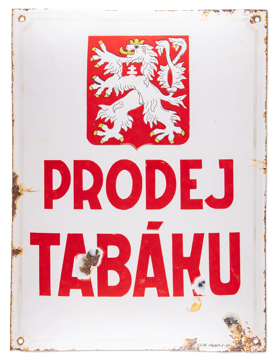 Smaltovaná cedule „PRODEJ TABÁKU“ | Chalupa – Praha X (Česká republika)
