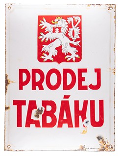 Smaltovaná cedule „PRODEJ TABÁKU“ | Chalupa – Praha X (Česká republika)