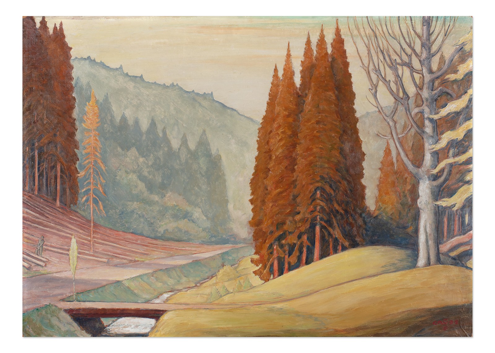 Franz Gruss (1891 - 1975) - Podzimní horská krajina s potokem a lávkou