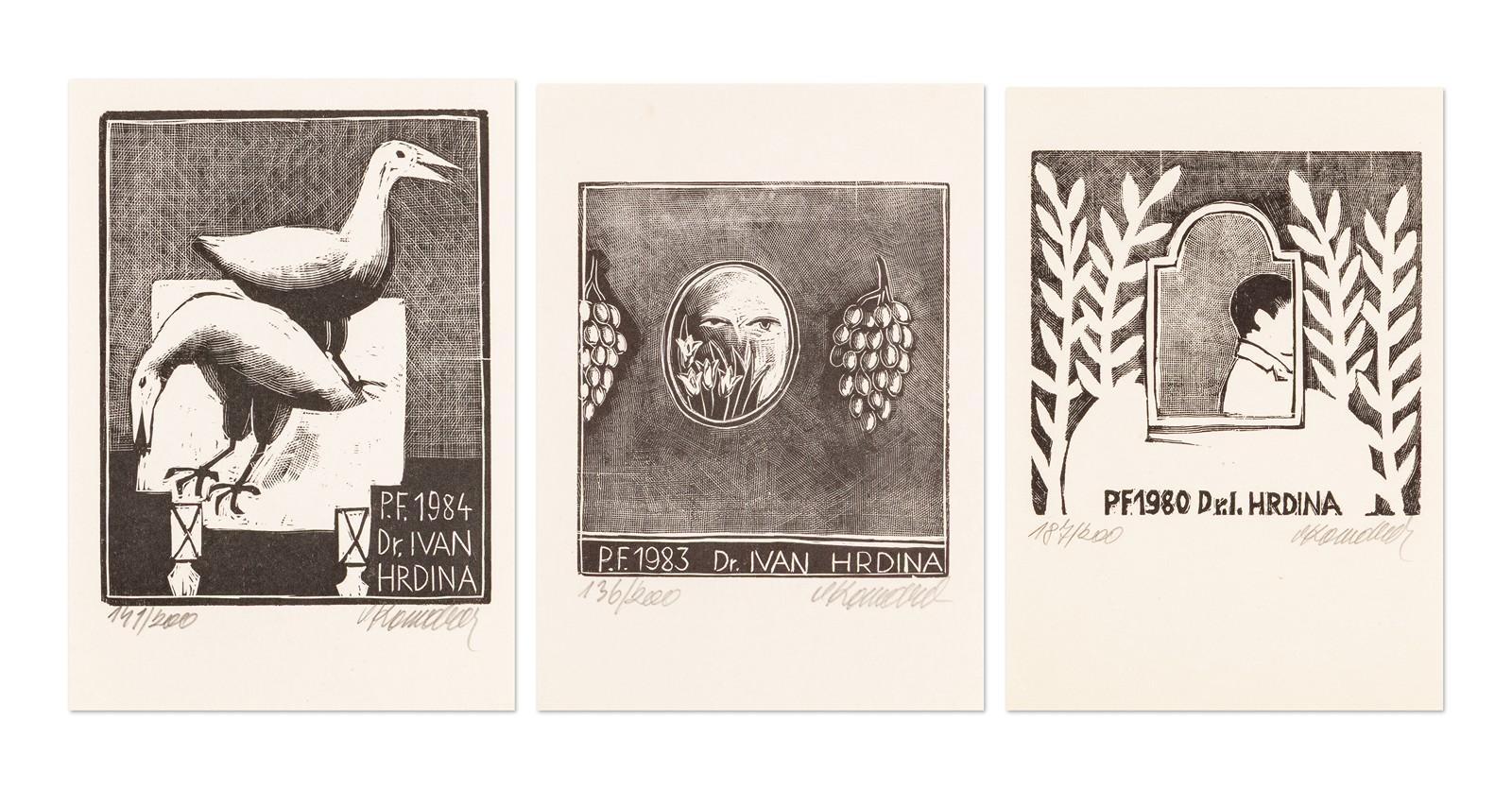 Vladimír Komárek (1928 - 2002) - Tři Ex libris Dr. Ivan Hrdina