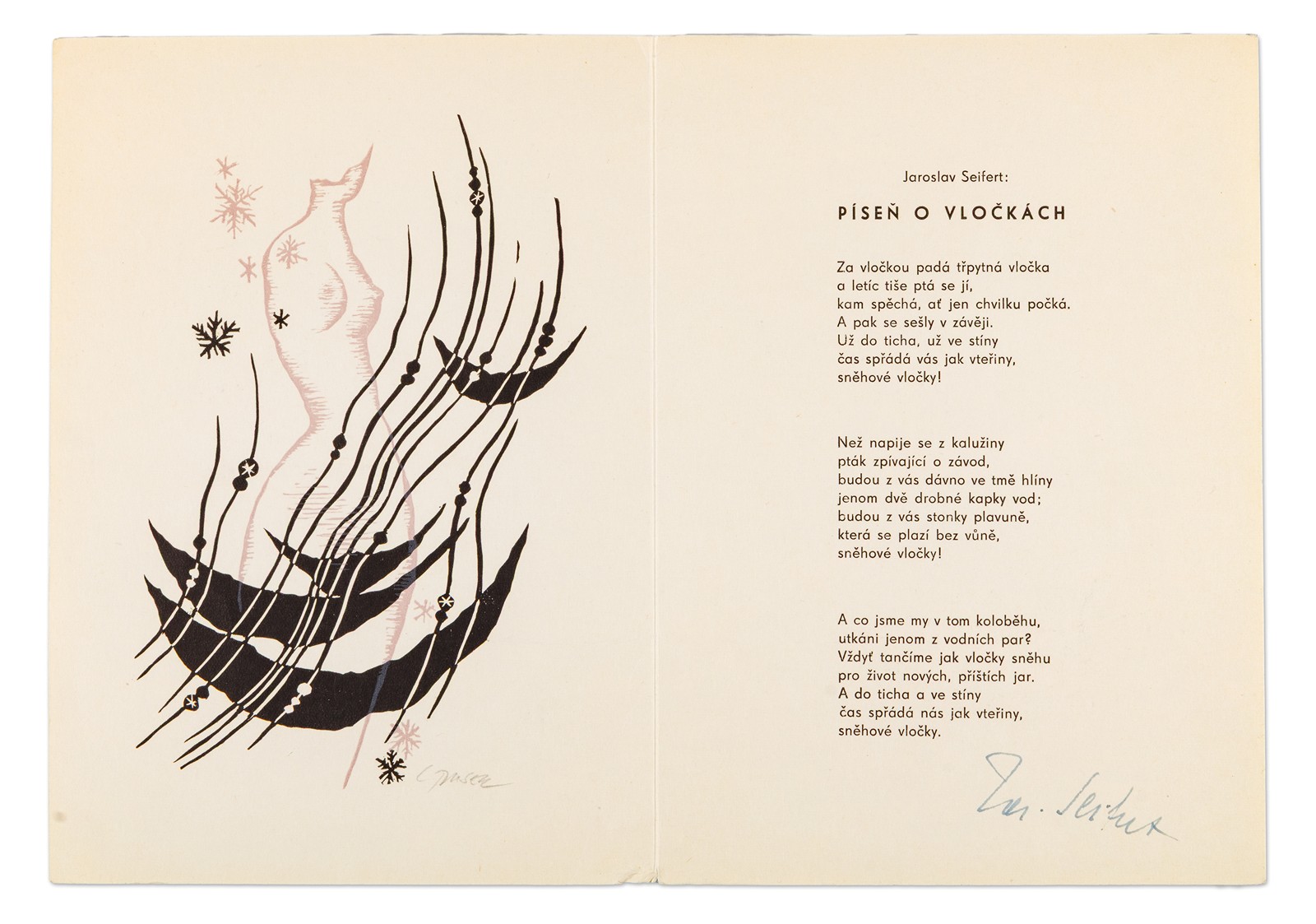 Miroslav Houra (1933 - 2006) - Jaroslav Seifert: Píseň o vločkách (originální podpis)