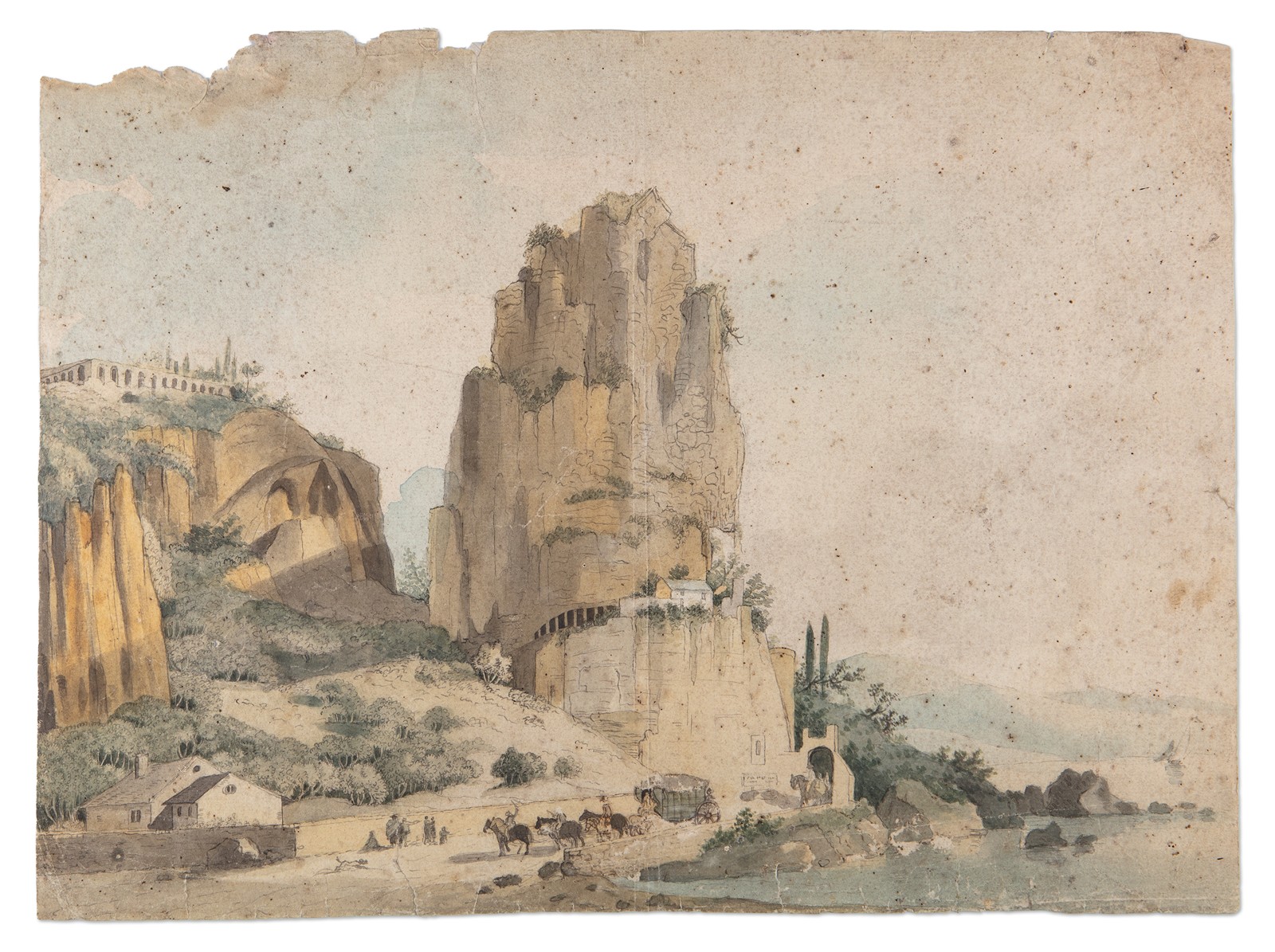 Akvarelista 19. století - Pohled na Terracina v Itálii