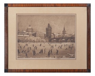 Richard Teschner (1879 - 1948) - Bruslení na zamrzlé Vltavě u Karlova mostu