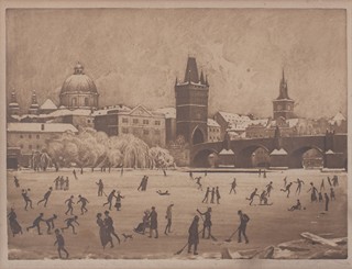 Richard Teschner (1879 - 1948) - Bruslení na zamrzlé Vltavě u Karlova mostu