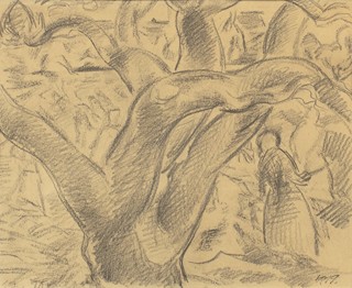 Jan Trampota (1889 - 1942) - Krajina se stromem a ženou s hráběmi